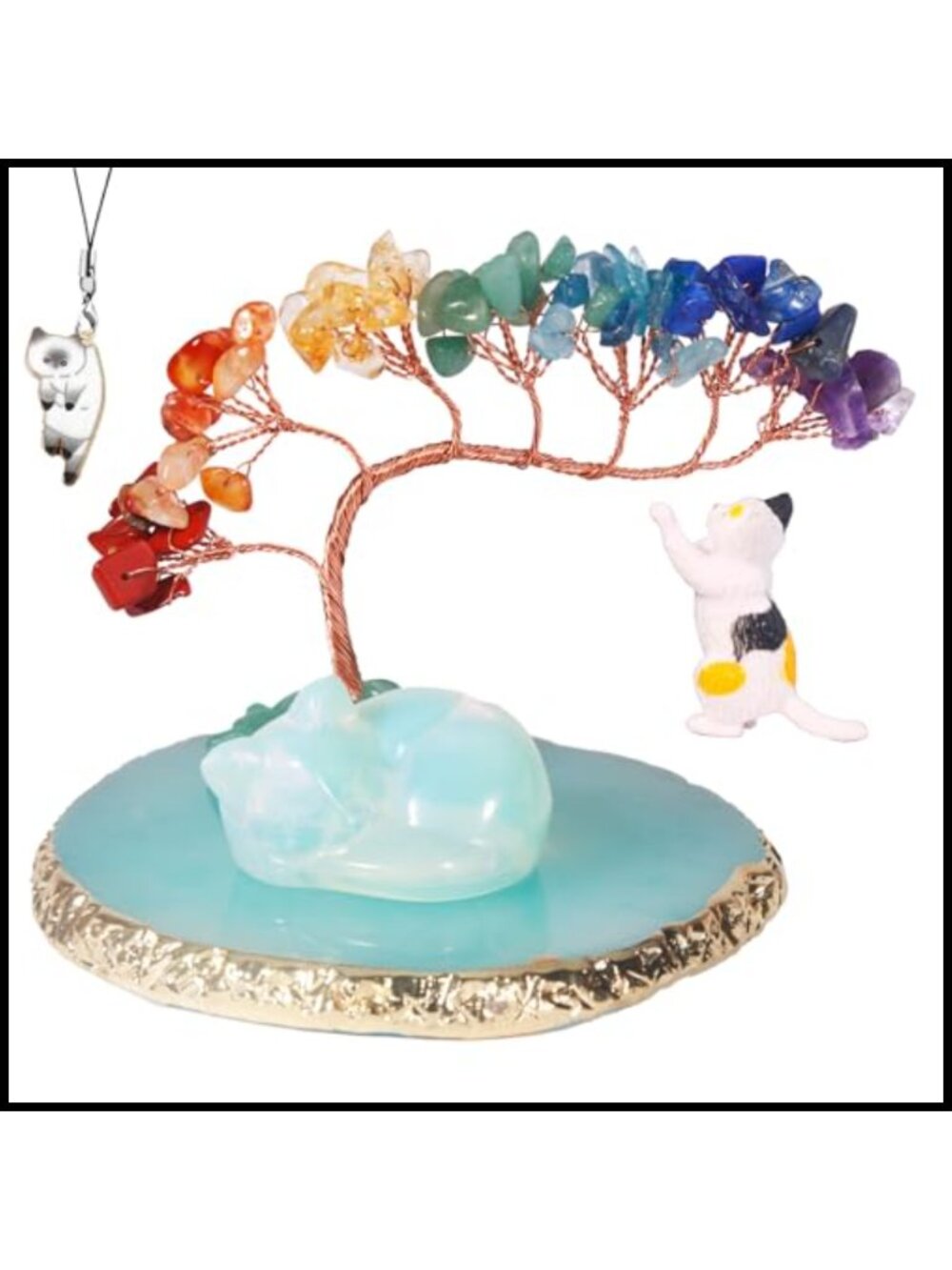 Hand Carved Opal Cat Statue with Crystal Chakra Tree